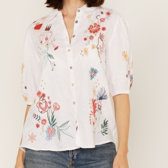 Johnny Was Lisbon Embroidered Short Sleeve Button Down Blouse M - Picture 1 of 11